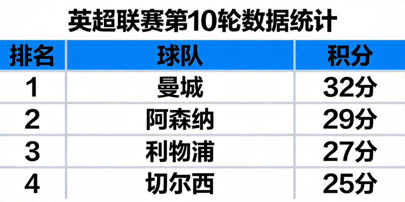 体育赛事数据统计面板示意图 - 展示球队排名与积分